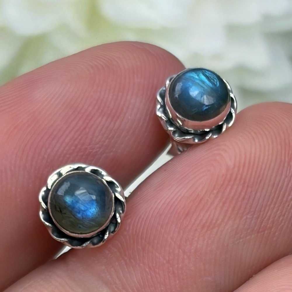 Blue Flash Labradorite Stud Post Earrings Southwest New Pure Sterling Silver 925 - Picture 6 of 8